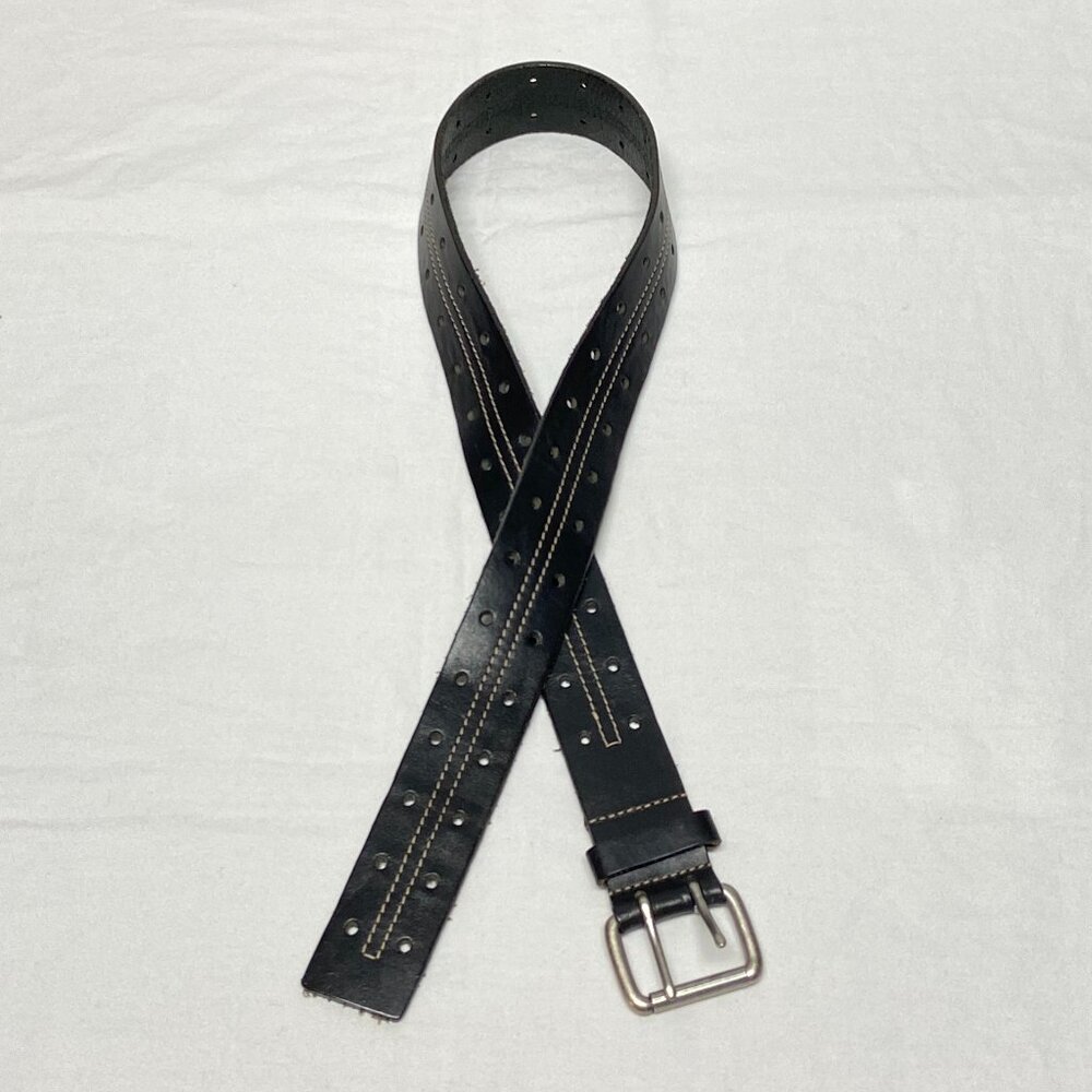 Old Navy Black Genuine Leather Perforated Double-Prong Belt Topstitched Center